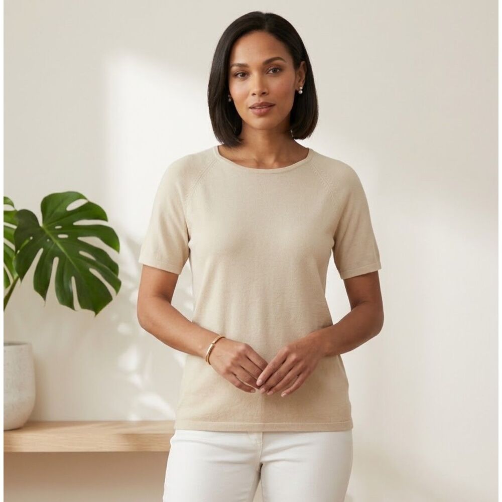 VTG August Silk 100% Silk Beige Ribbed Knit Short Sleeve Top Size S